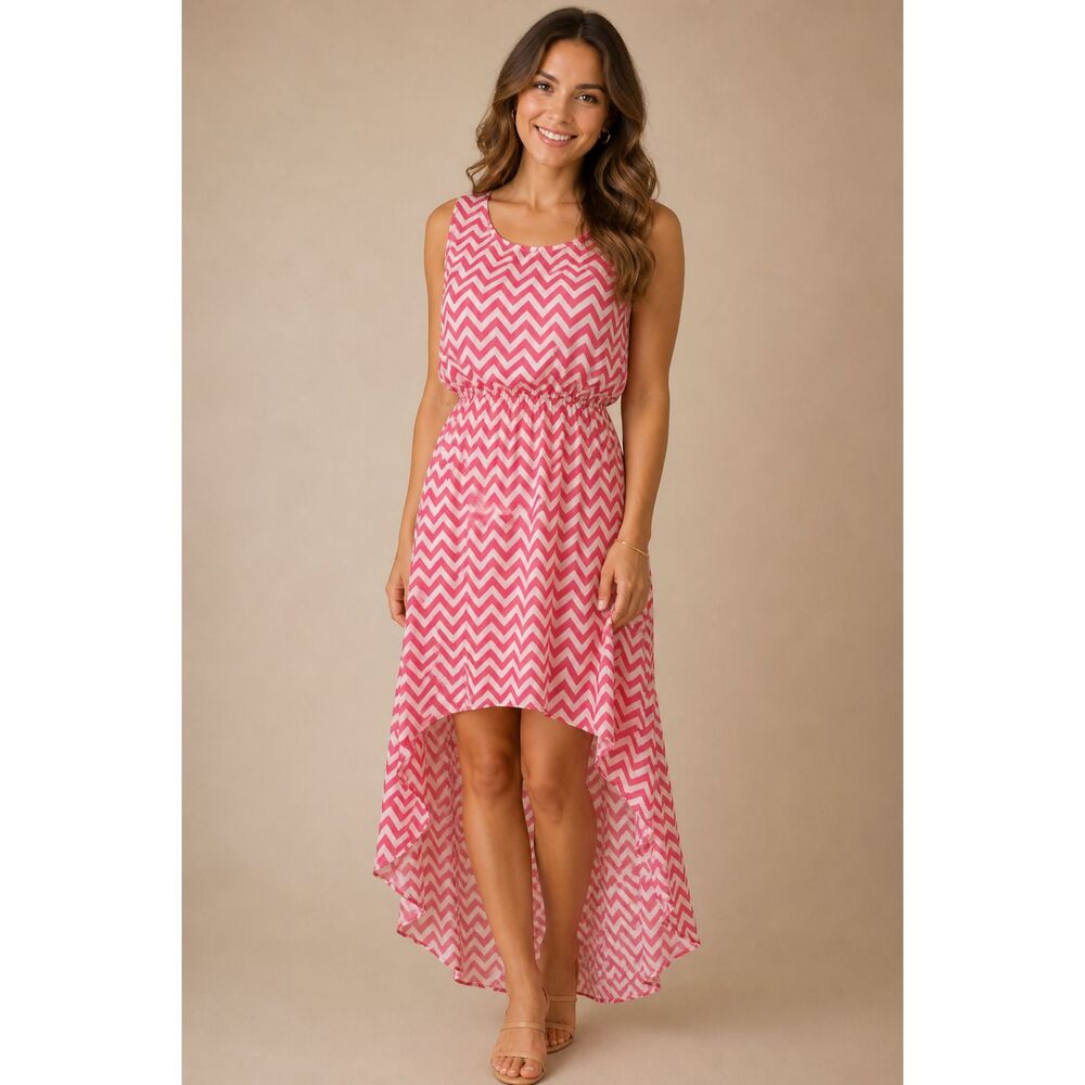 Liberty Love Pink Chevron High Low Dress Large Sleeveless Elastic‎ Waist Flowy